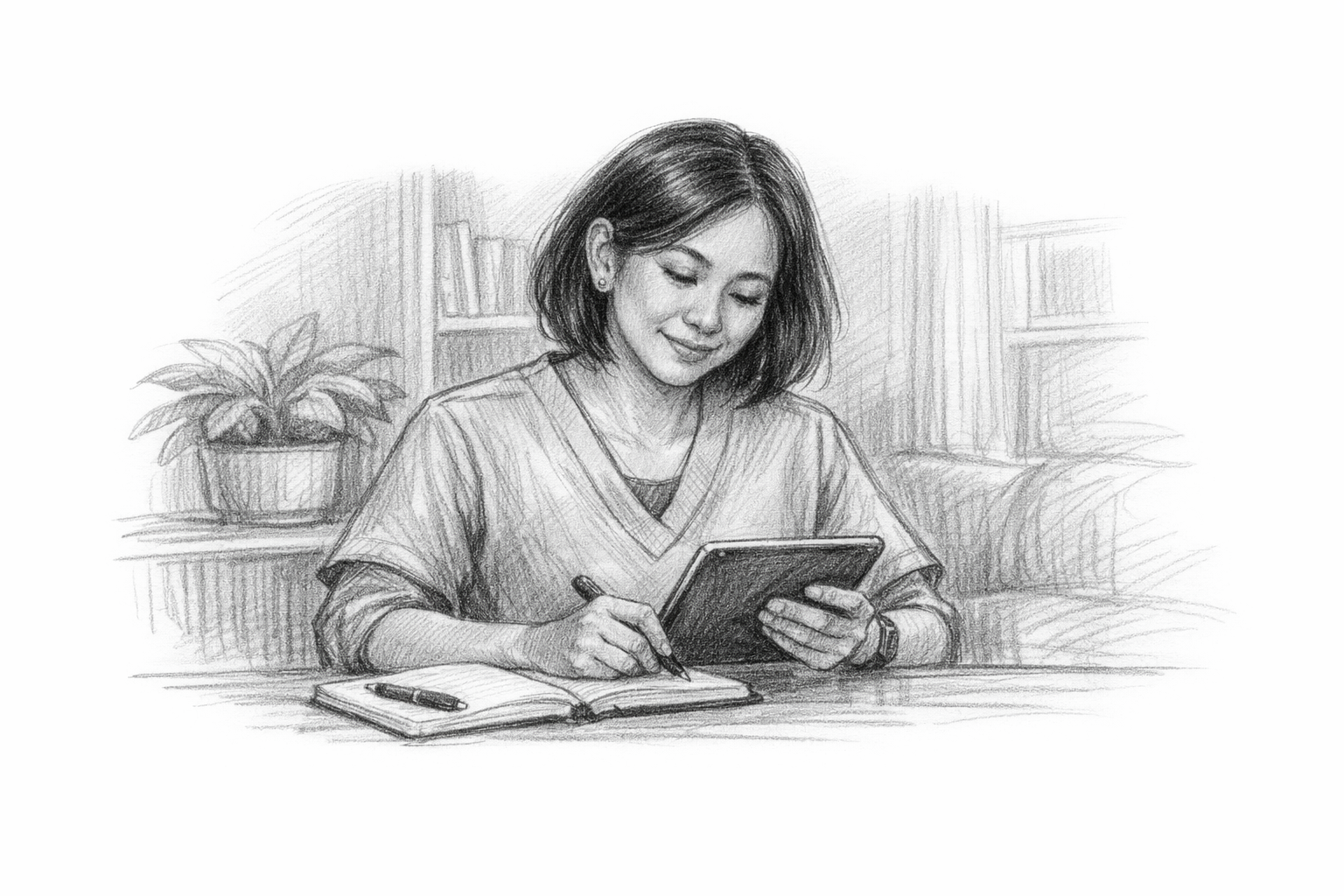 Caregiver reviewing tablet calmly